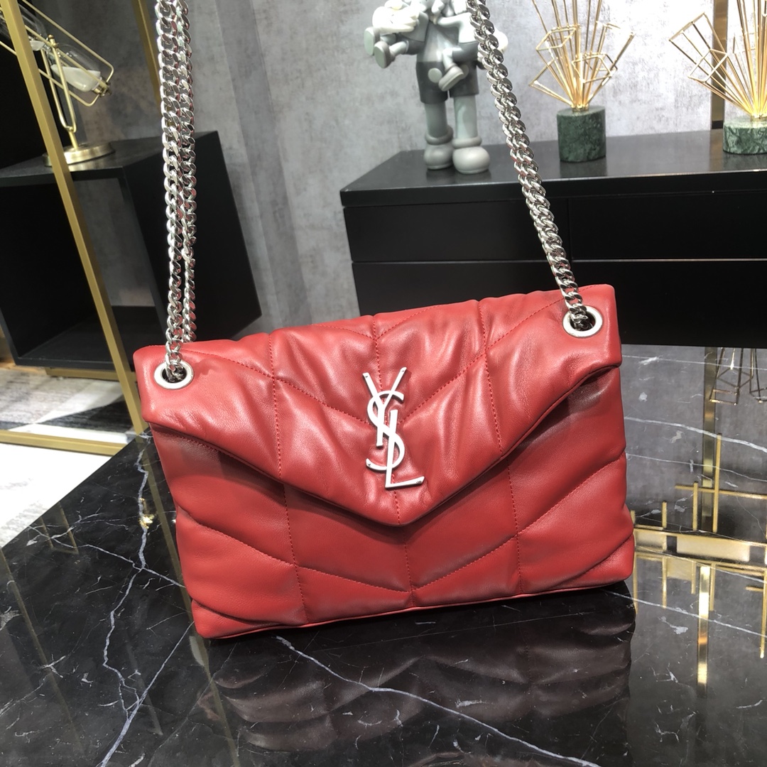 Saint Laurent Loulou Puffer Small Lambskin Shoulder Bag Handbag Red 577476 Silver